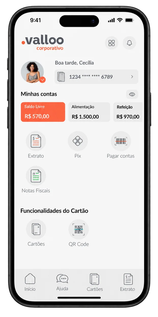 Tela do app Valloo Corporativo com saldo e extrato