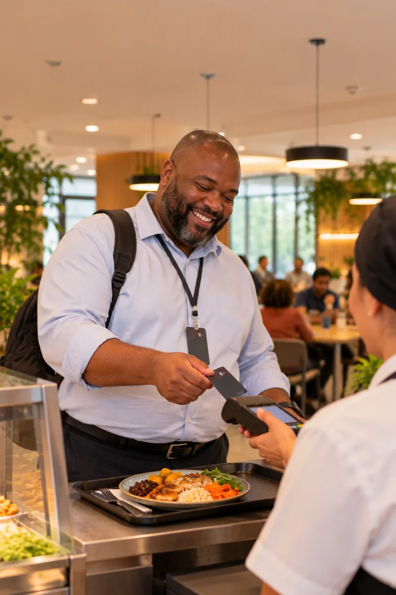 Colaborador paga o almoço com o cartão Valloo no restaurante