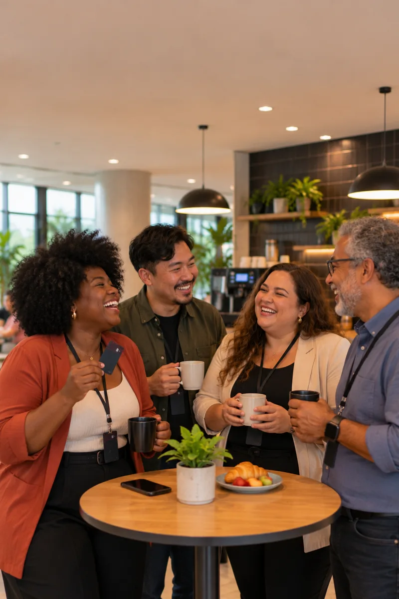 Grupo de colaboradores conversando no café da empresa
