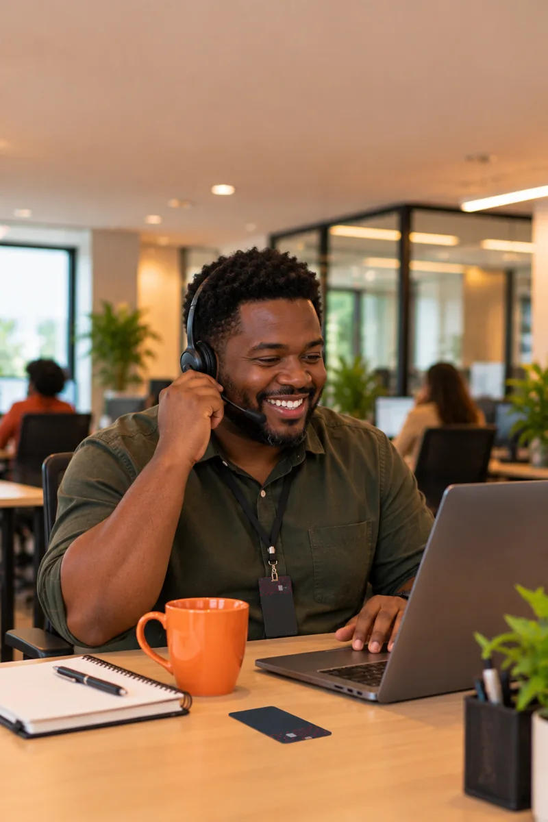 Analista de RH acompanha a campanha no notebook com headset