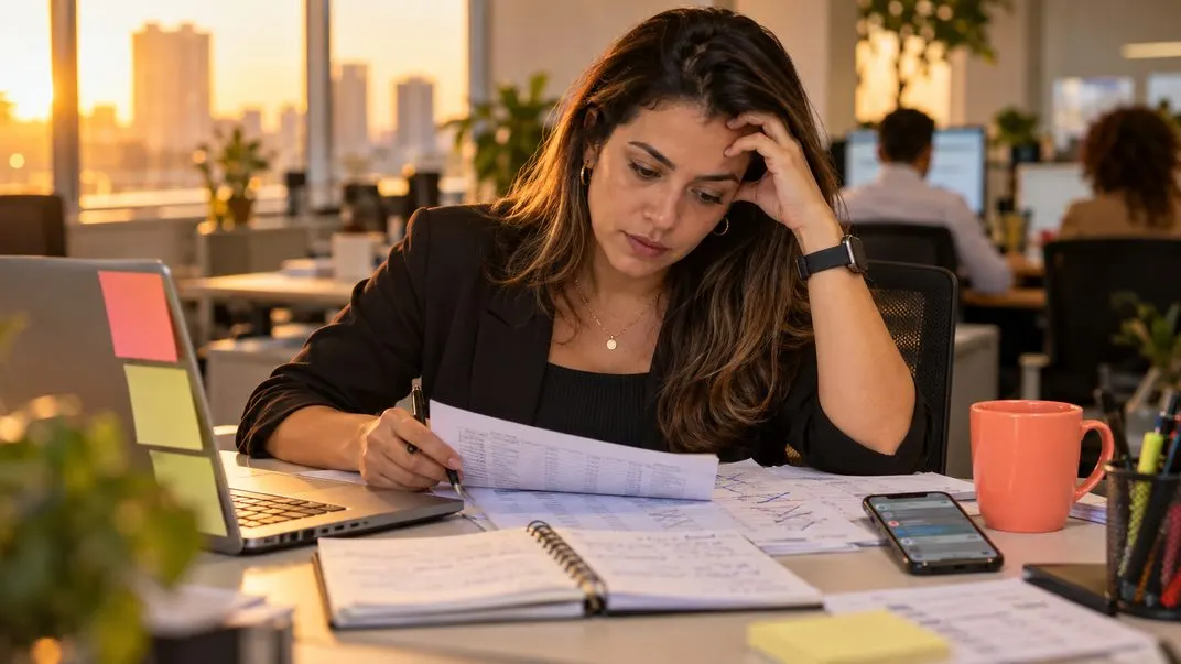 Gestora cansada no meio de papéis e planilhas