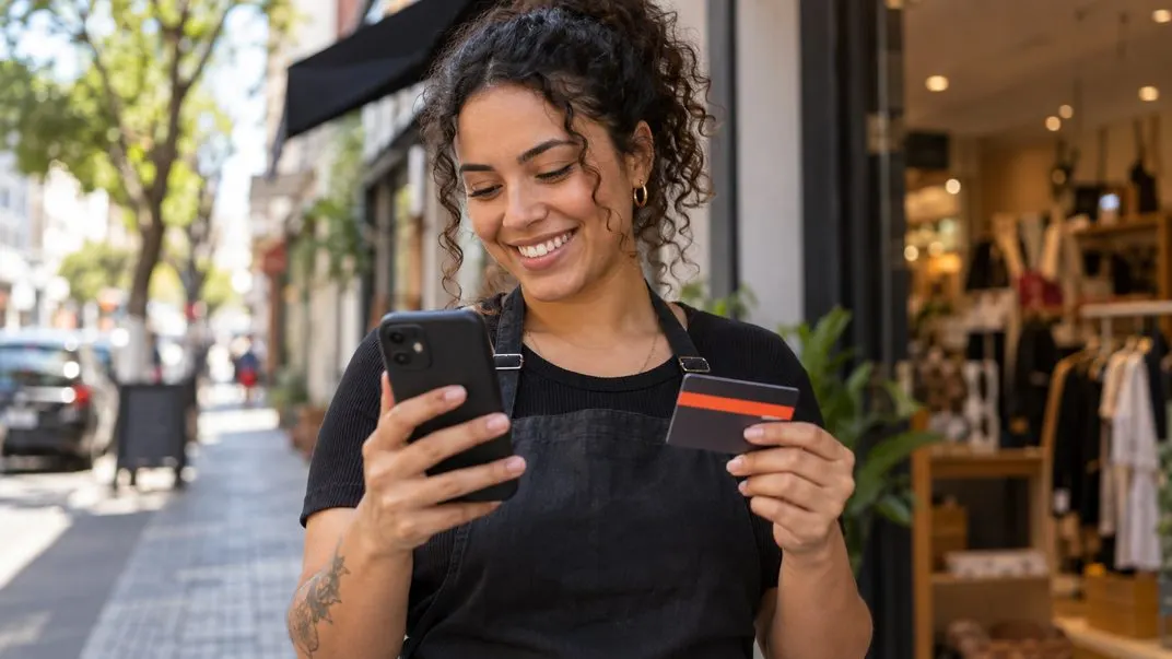 Colaboradora sorri ao ver o saldo no celular