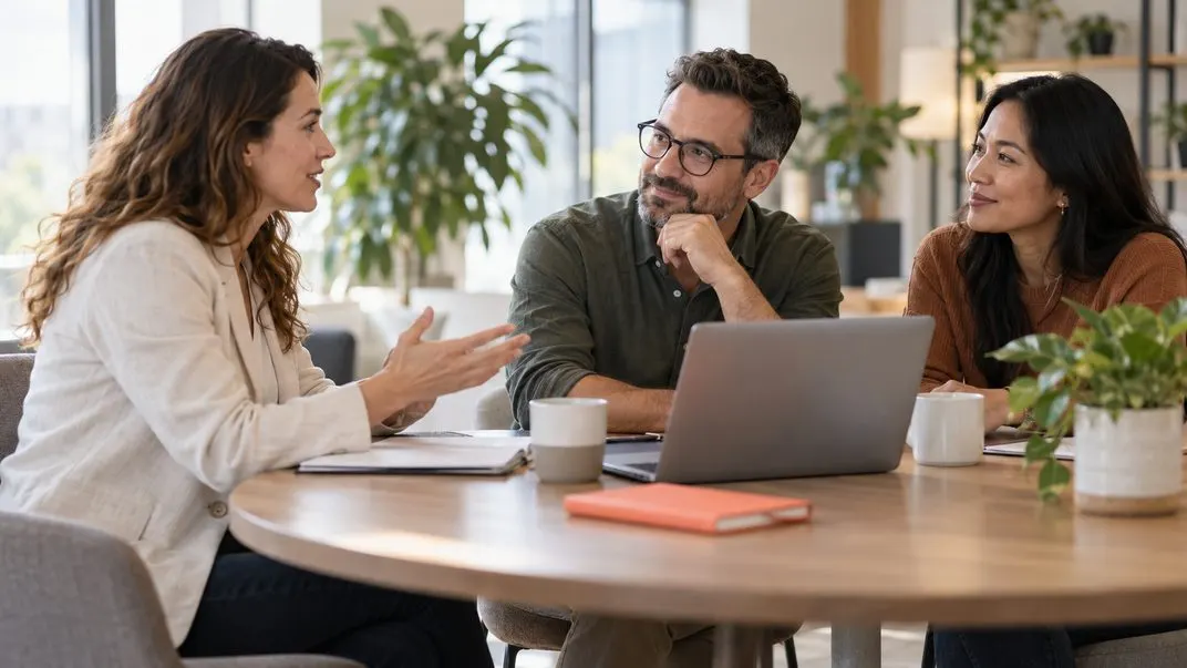 Reunião entre parceiro e cliente em volta da mesa